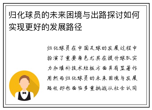 归化球员的未来困境与出路探讨如何实现更好的发展路径