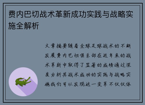 费内巴切战术革新成功实践与战略实施全解析 费内巴切战术革新成功实践与战略实施全解析