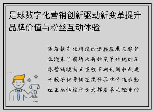 足球数字化营销创新驱动新变革提升品牌价值与粉丝互动体验 足球数字化营销创新驱动新变革提升品牌价值与粉丝互动体验