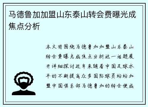 马德鲁加加盟山东泰山转会费曝光成焦点分析