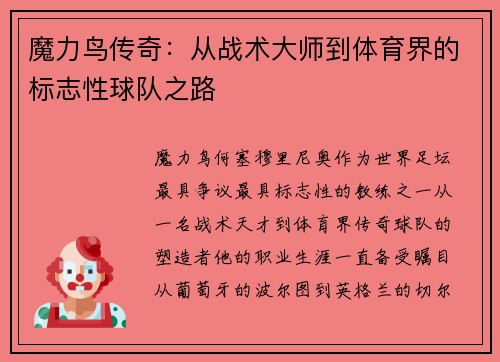 魔力鸟传奇：从战术大师到体育界的标志性球队之路