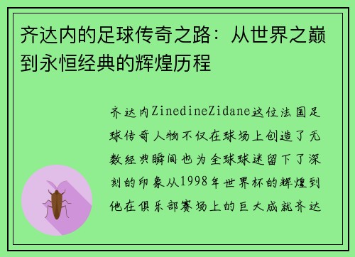 齐达内的足球传奇之路：从世界之巅到永恒经典的辉煌历程